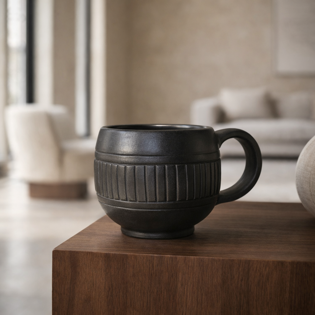 Ribbed Black Pottery Mug – Handcrafted Clay Coffee Cup | Azamgarh Terracotta Art