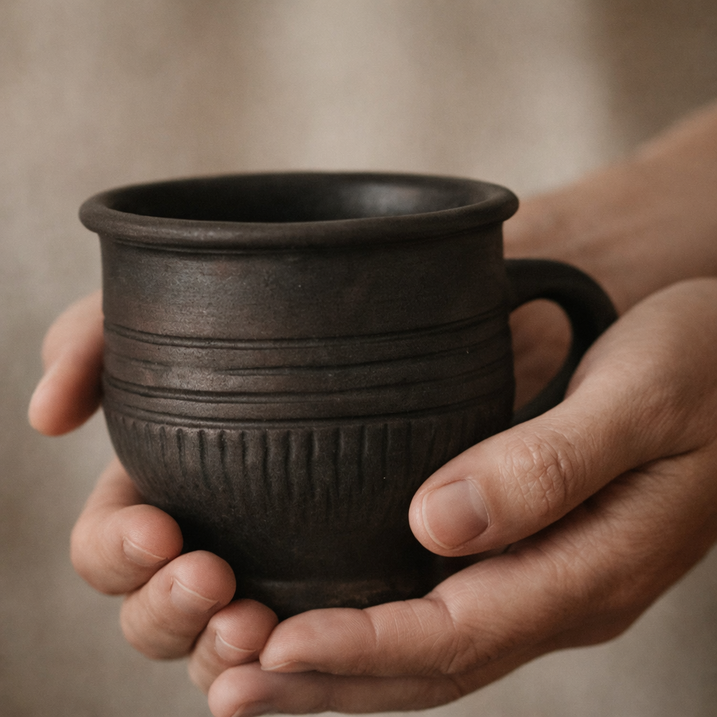 Rustic Black Pottery Mug – Handcrafted Clay Coffee Cup | Azamgarh Terracotta Art