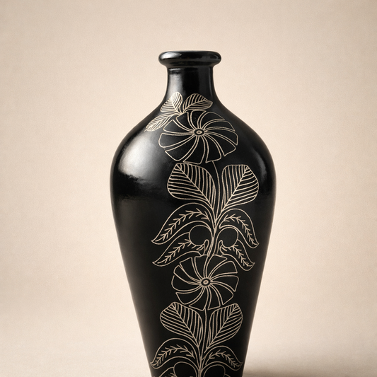 Floral Stem Silver Inlay Black Pottery Vase – Handcrafted | Azamgarh Terracotta Art