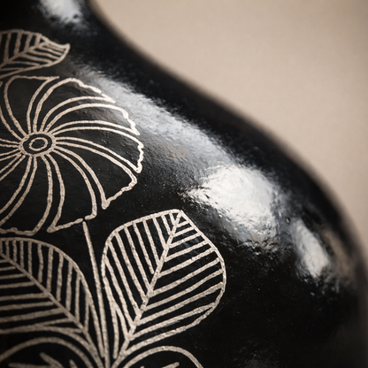 Floral Stem Silver Inlay Black Pottery Vase – Handcrafted | Azamgarh Terracotta Art