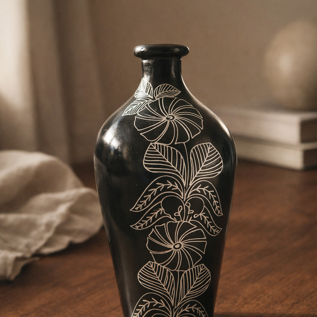 Floral Stem Silver Inlay Black Pottery Vase – Handcrafted | Azamgarh Terracotta Art