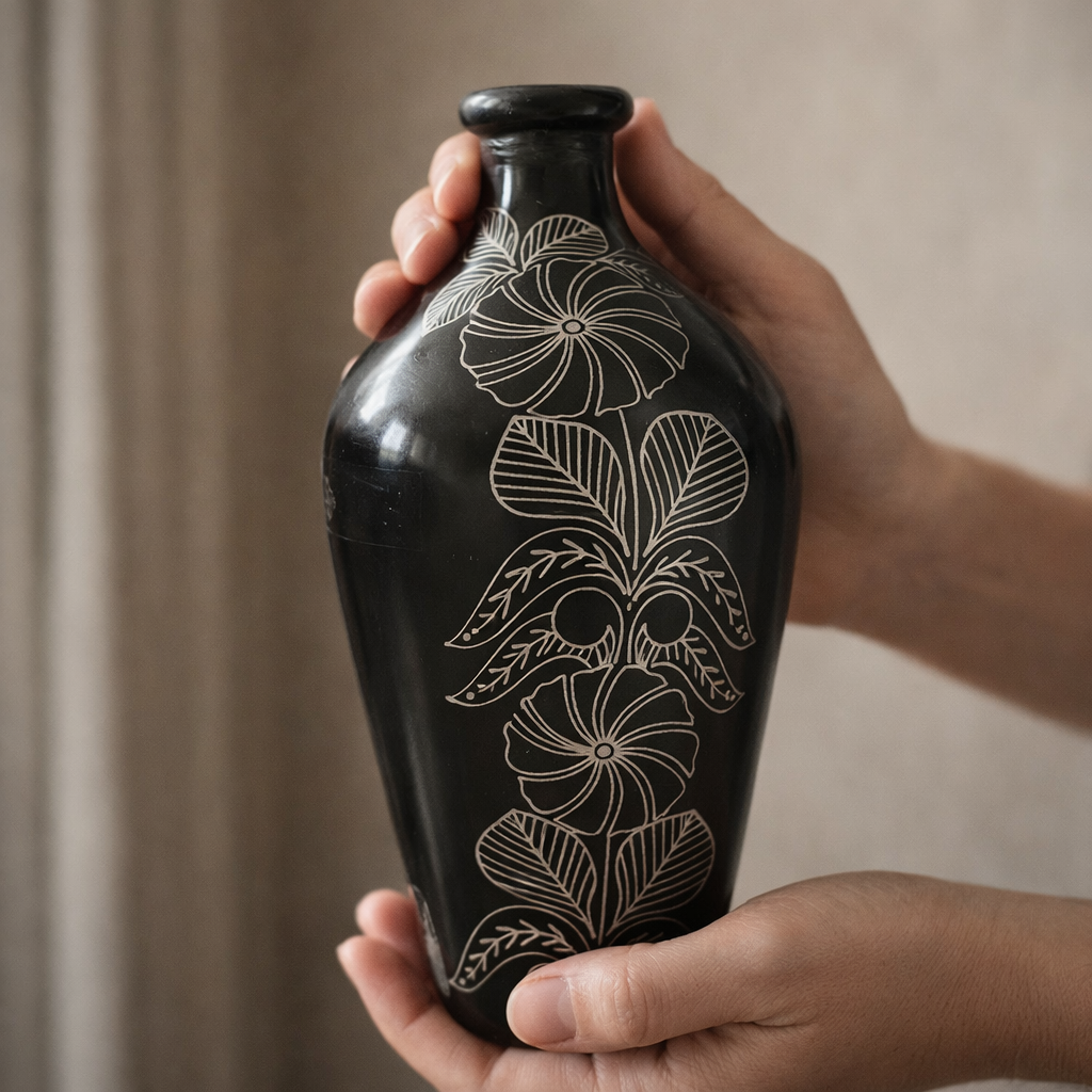 Floral Stem Silver Inlay Black Pottery Vase – Handcrafted | Azamgarh Terracotta Art