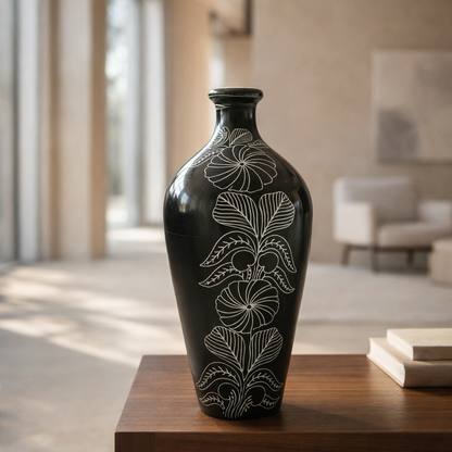 Floral Stem Silver Inlay Black Pottery Vase – Handcrafted | Azamgarh Terracotta Art