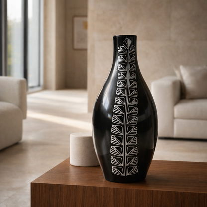 Vertical Leaf Silver Inlay Black Pottery Vase – Handcrafted | Azamgarh Terracotta Art