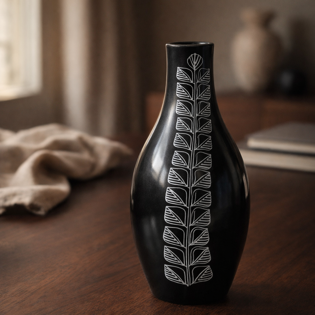 Vertical Leaf Silver Inlay Black Pottery Vase – Handcrafted | Azamgarh Terracotta Art