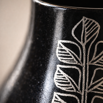 Vertical Leaf Silver Inlay Black Pottery Vase – Handcrafted | Azamgarh Terracotta Art