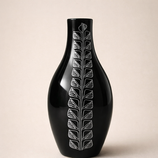 Vertical Leaf Silver Inlay Black Pottery Vase – Handcrafted | Azamgarh Terracotta Art