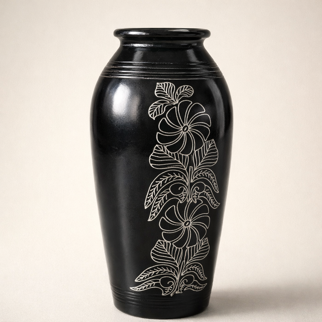 Floral Silver Inlay Black Pottery Vase – Handcrafted | Azamgarh Terracotta Art