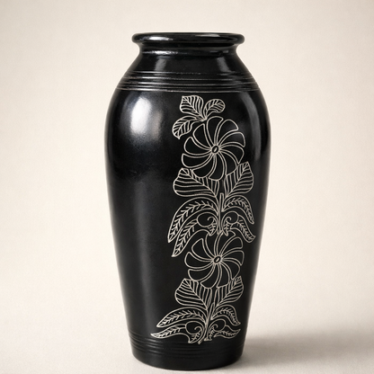 Floral Silver Inlay Black Pottery Vase – Handcrafted | Azamgarh Terracotta Art