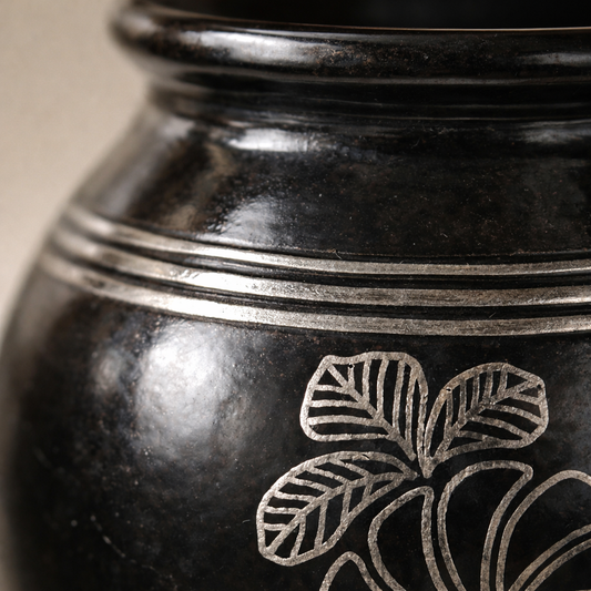 Floral Silver Inlay Black Pottery Vase – Handcrafted | Azamgarh Terracotta Art
