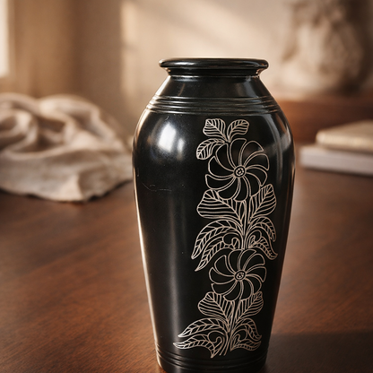 Floral Silver Inlay Black Pottery Vase – Handcrafted | Azamgarh Terracotta Art