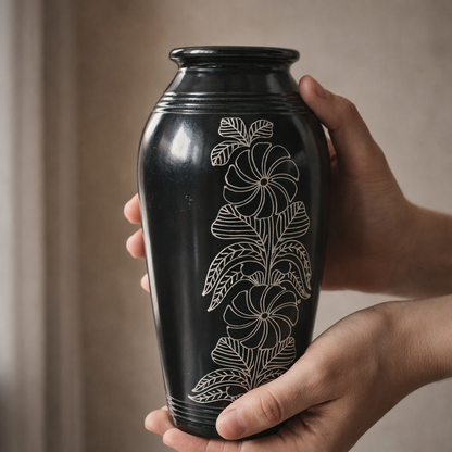 Floral Silver Inlay Black Pottery Vase – Handcrafted | Azamgarh Terracotta Art