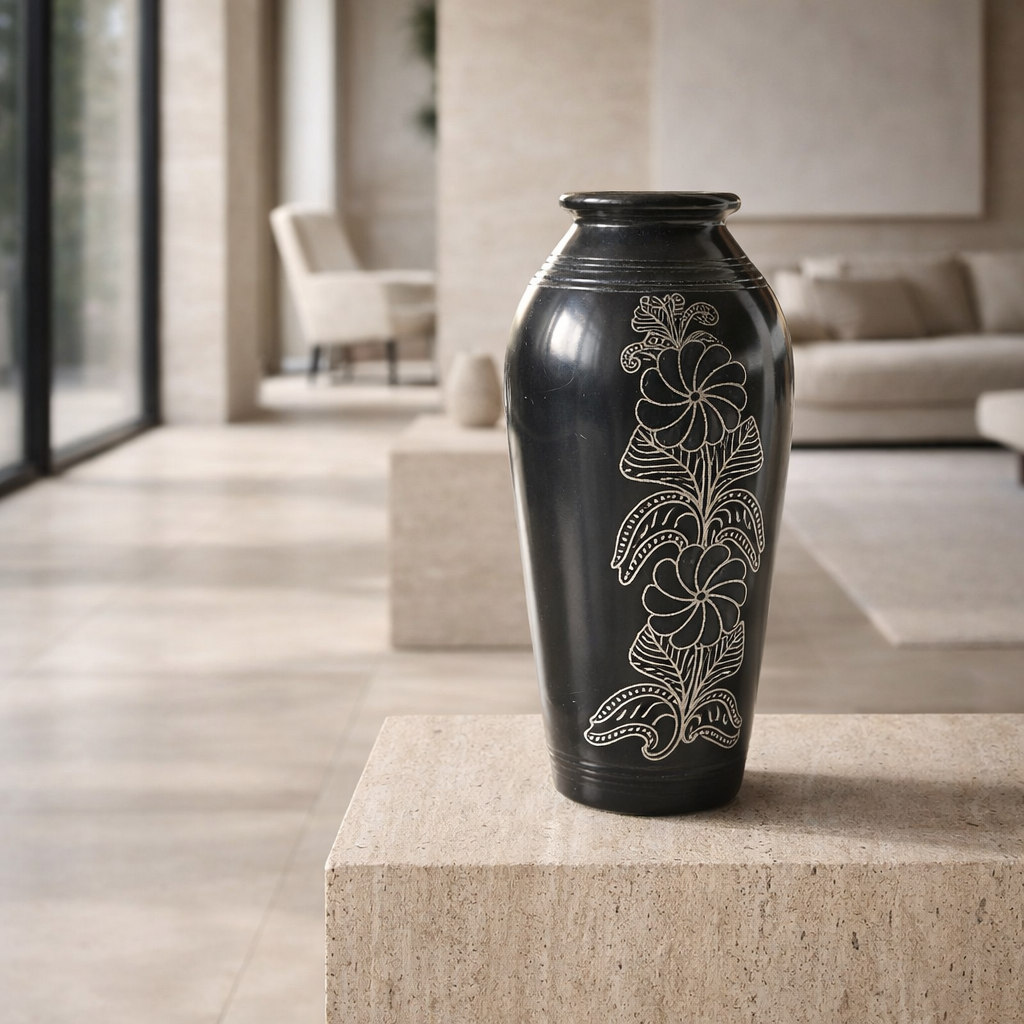 Floral Silver Inlay Black Pottery Vase – Handcrafted | Azamgarh Terracotta Art
