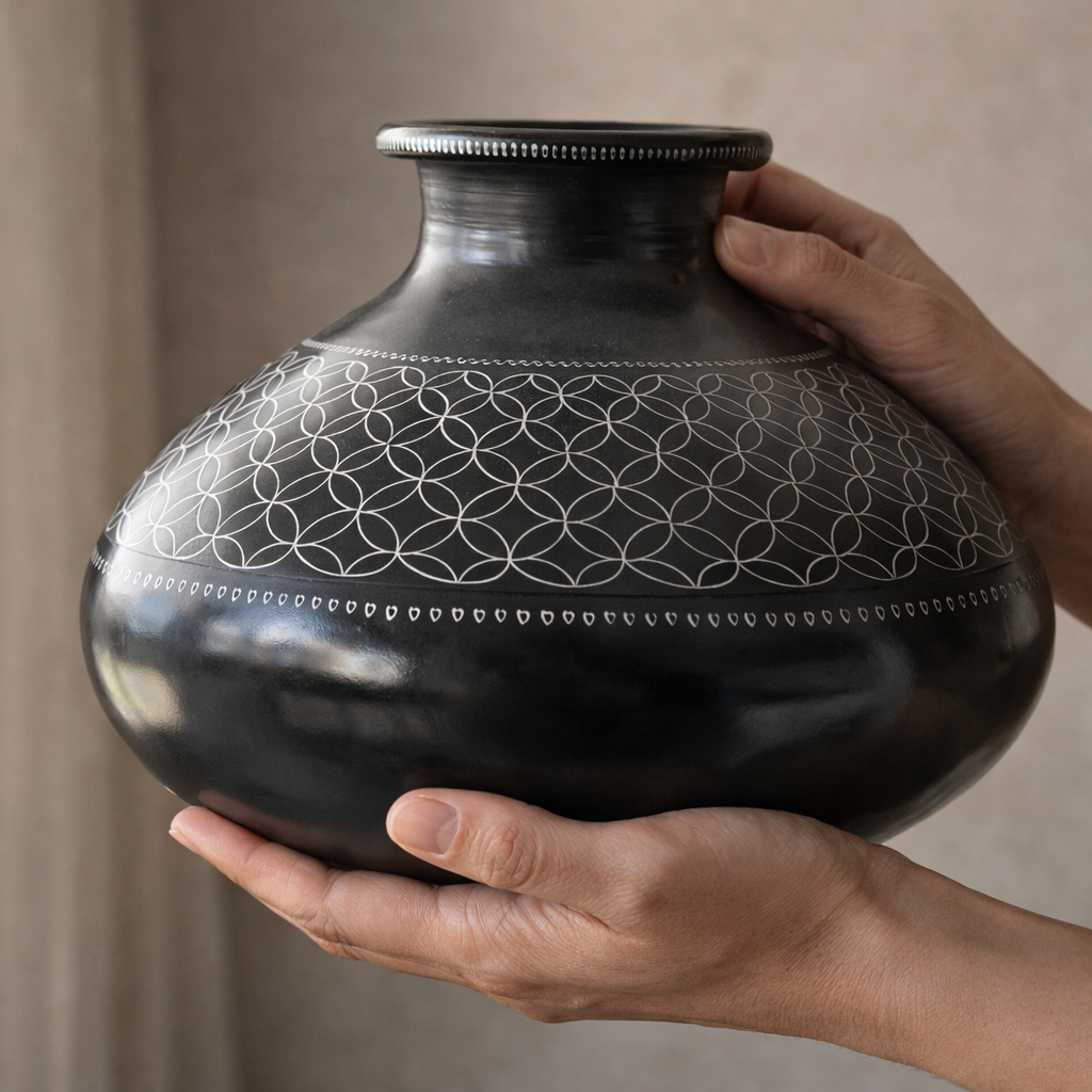Geometric Silver Inlay Black Pottery Vase – Handcrafted | Azamgarh Terracotta Art