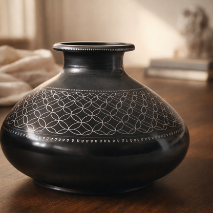 Geometric Silver Inlay Black Pottery Vase – Handcrafted | Azamgarh Terracotta Art