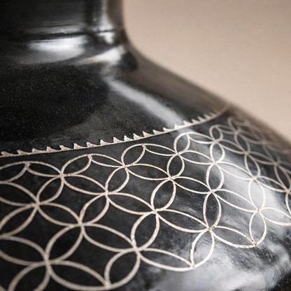 Geometric Silver Inlay Black Pottery Vase – Handcrafted | Azamgarh Terracotta Art