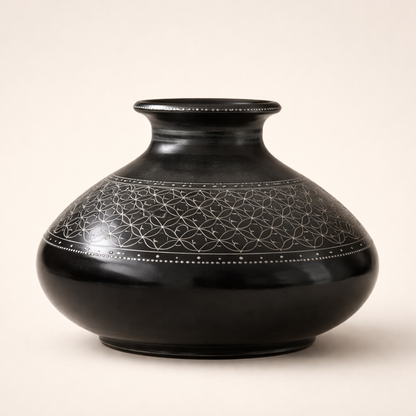 Geometric Silver Inlay Black Pottery Vase – Handcrafted | Azamgarh Terracotta Art