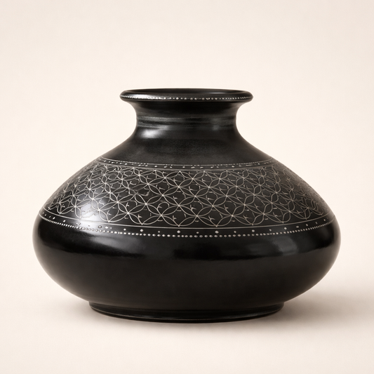 Geometric Silver Inlay Black Pottery Vase – Handcrafted | Azamgarh Terracotta Art