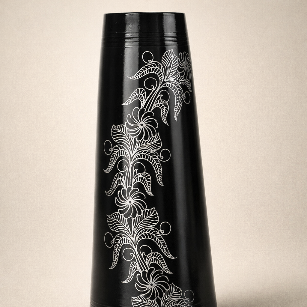 Floral Vine Silver Inlay Tall Black Pottery Vase – Handcrafted | Azamgarh Terracotta Art