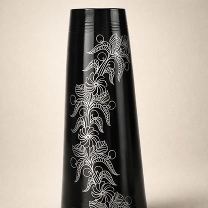 Floral Vine Silver Inlay Tall Black Pottery Vase – Handcrafted | Azamgarh Terracotta Art