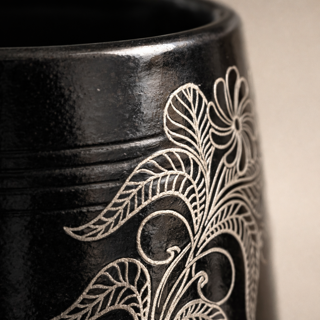 Floral Vine Silver Inlay Tall Black Pottery Vase – Handcrafted | Azamgarh Terracotta Art