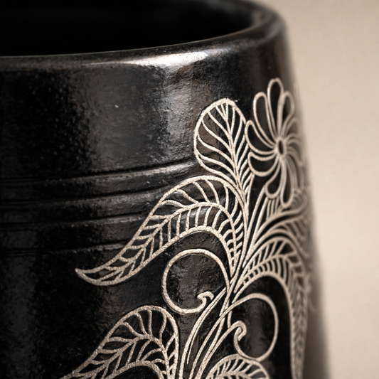 Floral Vine Silver Inlay Tall Black Pottery Vase – Handcrafted | Azamgarh Terracotta Art