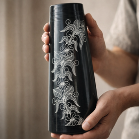 Floral Vine Silver Inlay Tall Black Pottery Vase – Handcrafted | Azamgarh Terracotta Art