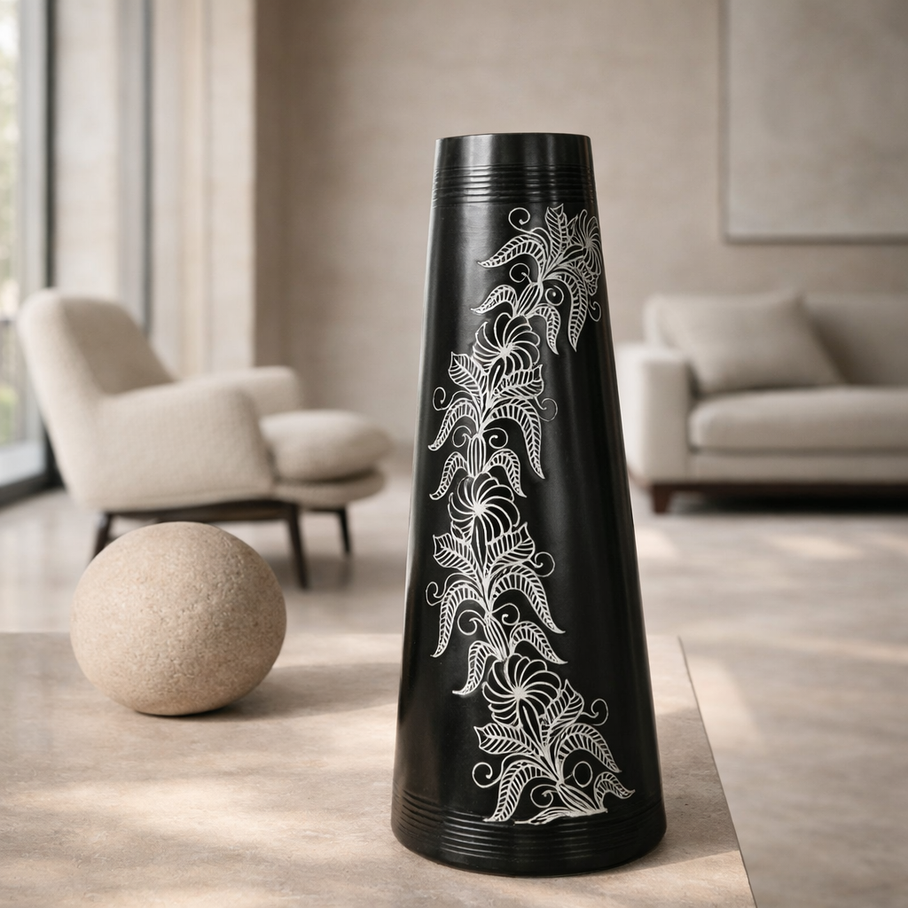 Floral Vine Silver Inlay Tall Black Pottery Vase – Handcrafted | Azamgarh Terracotta Art