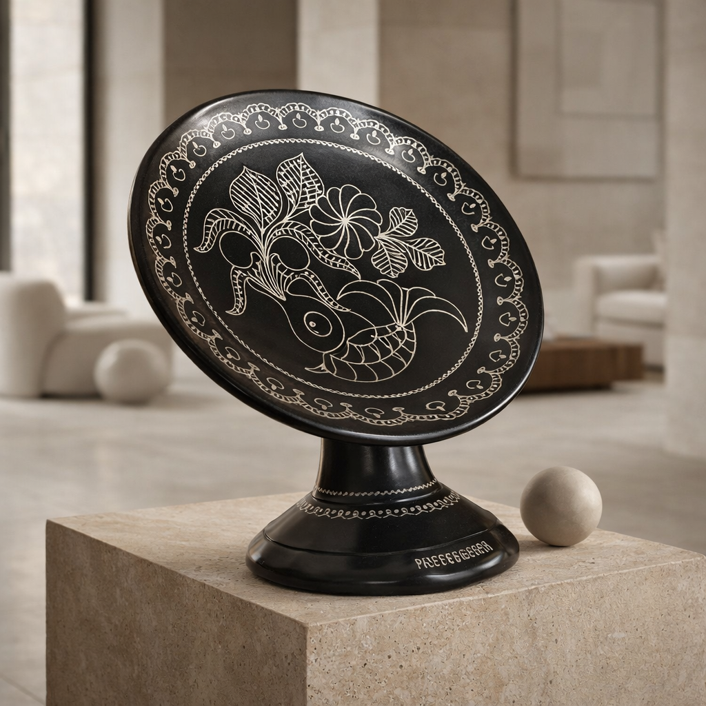 Fish Floral Silver Inlay Pedestal Plate – Handcrafted Black Pottery | Azamgarh Terracotta Art