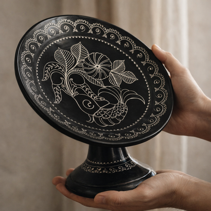 Fish Floral Silver Inlay Pedestal Plate – Handcrafted Black Pottery | Azamgarh Terracotta Art