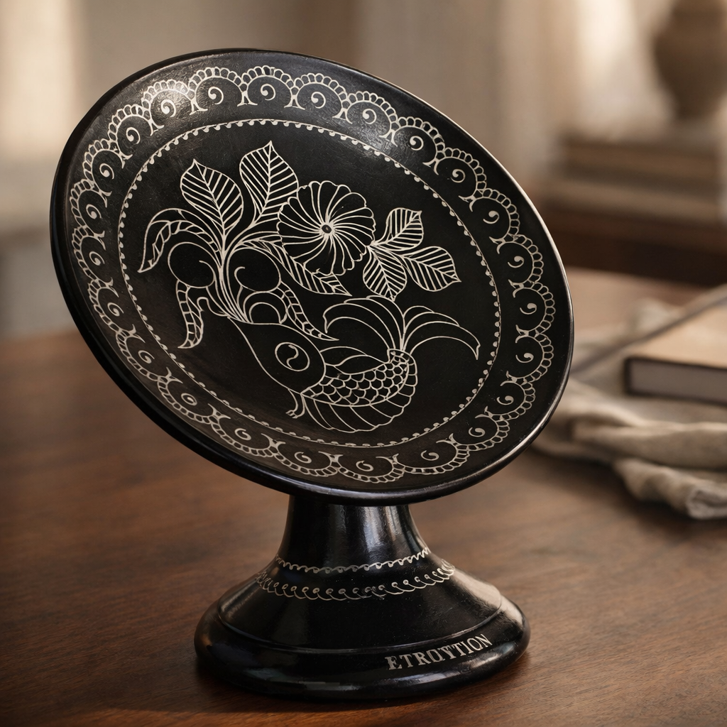 Fish Floral Silver Inlay Pedestal Plate – Handcrafted Black Pottery | Azamgarh Terracotta Art