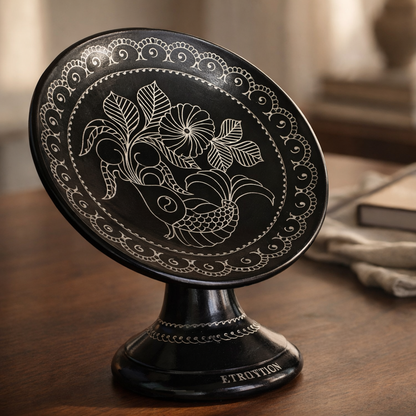 Fish Floral Silver Inlay Pedestal Plate – Handcrafted Black Pottery | Azamgarh Terracotta Art