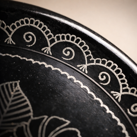 Fish Floral Silver Inlay Pedestal Plate – Handcrafted Black Pottery | Azamgarh Terracotta Art