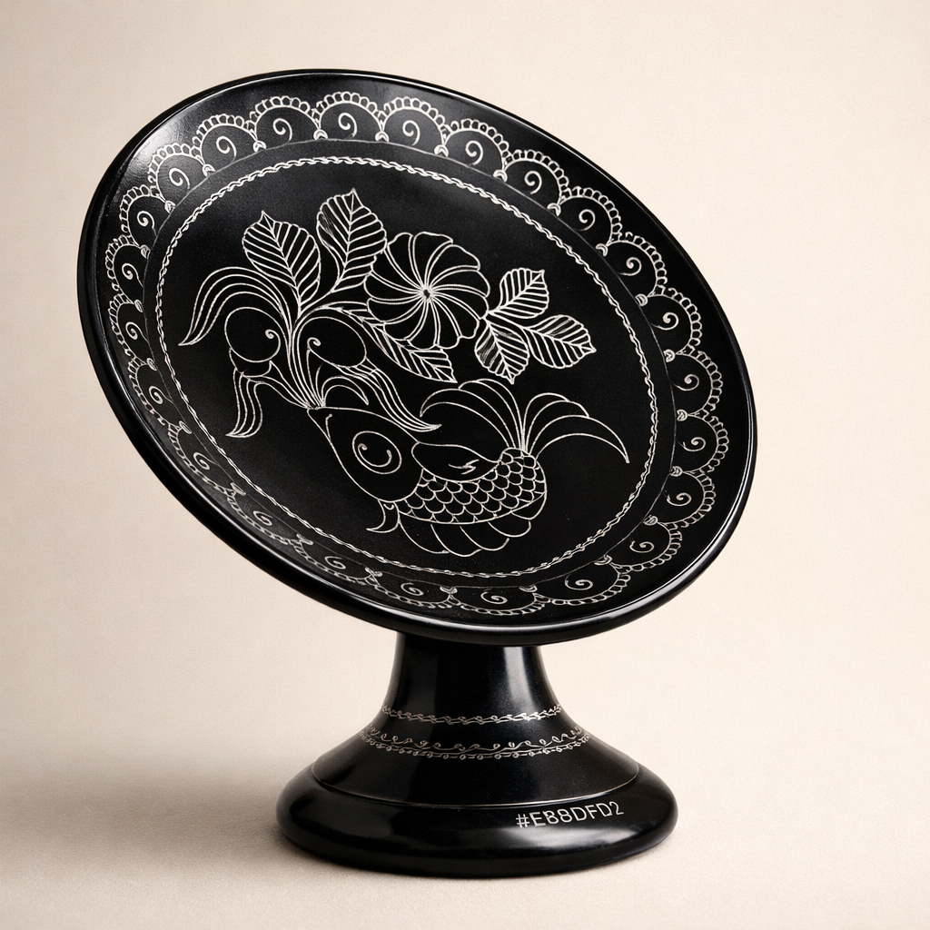 Fish Floral Silver Inlay Pedestal Plate – Handcrafted Black Pottery | Azamgarh Terracotta Art