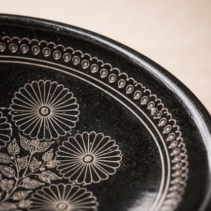 Pedestal Plate with Silver Inlay Medallion Design Handcrafted Black Pottery | Azamgarh Art