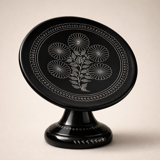 Pedestal Plate with Silver Inlay Medallion Design Handcrafted Black Pottery | Azamgarh Art