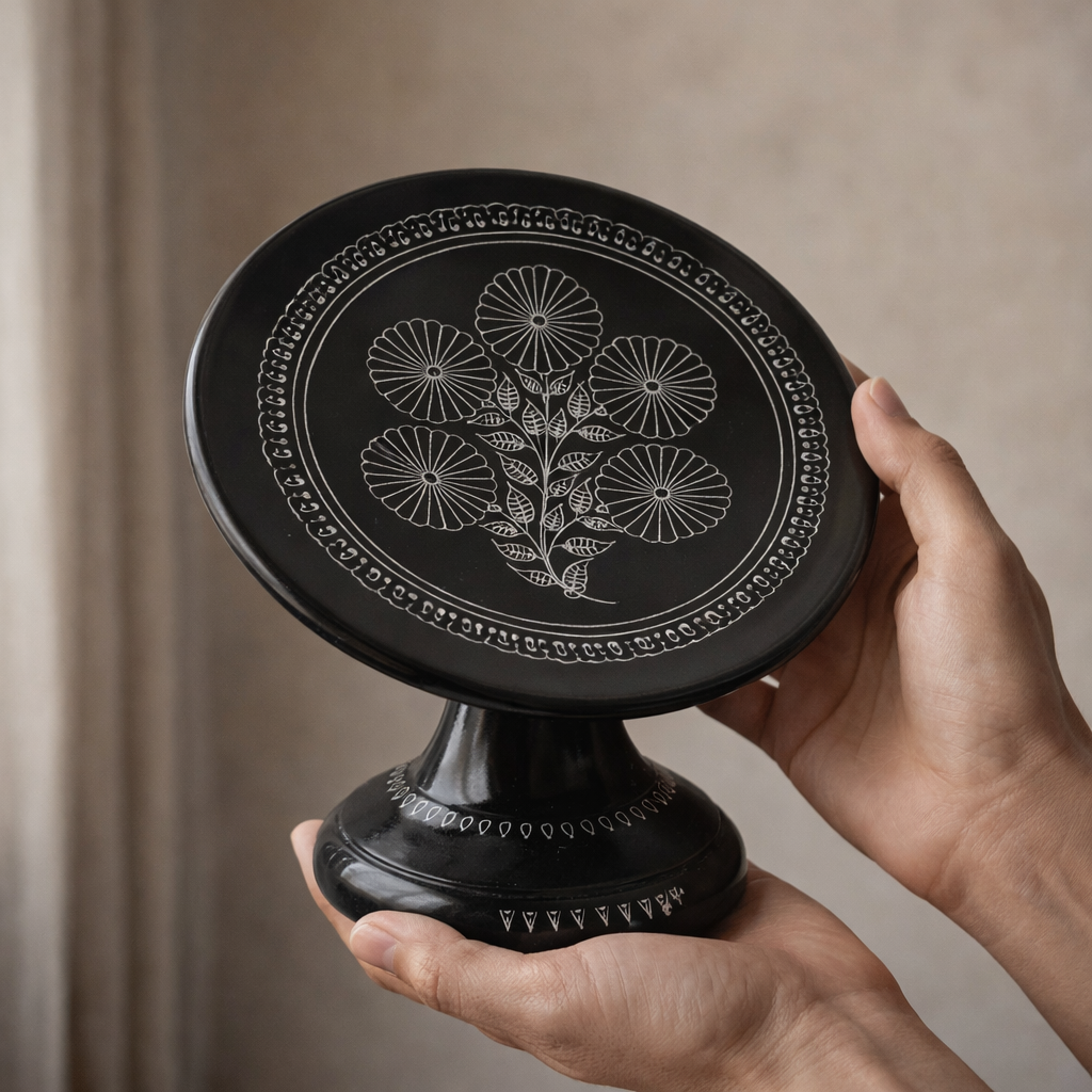 Pedestal Plate with Silver Inlay Medallion Design Handcrafted Black Pottery | Azamgarh Art