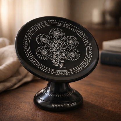 Pedestal Plate with Silver Inlay Medallion Design Handcrafted Black Pottery | Azamgarh Art