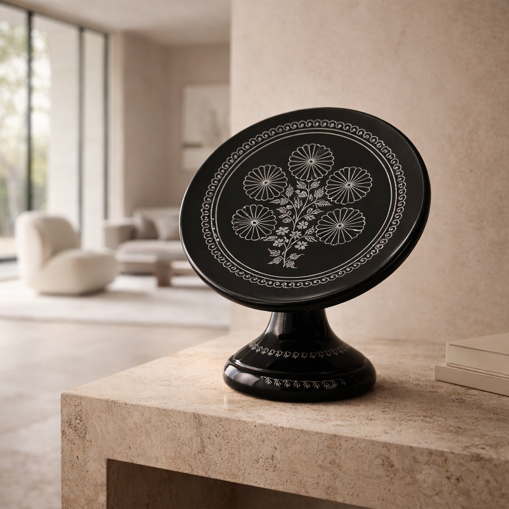 Pedestal Plate with Silver Inlay Medallion Design Handcrafted Black Pottery | Azamgarh Art
