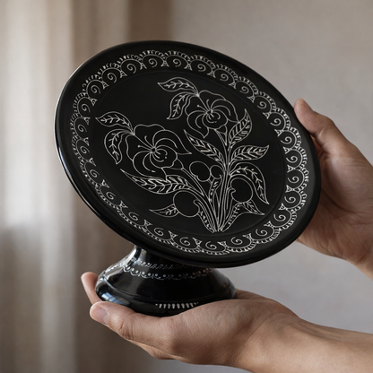 Pedestal Plate with Floral Engraving Handcrafted Black Pottery | Azamgarh Terracotta Art Decor