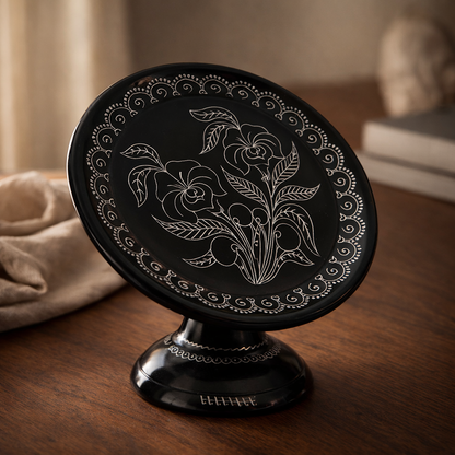 Pedestal Plate with Floral Engraving Handcrafted Black Pottery | Azamgarh Terracotta Art Decor