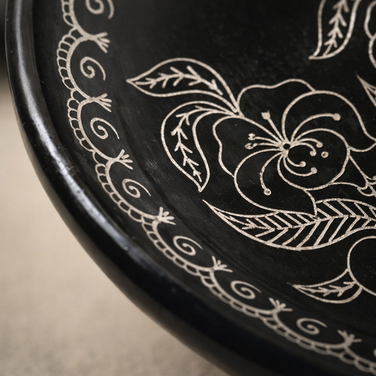 Pedestal Plate with Floral Engraving Handcrafted Black Pottery | Azamgarh Terracotta Art Decor