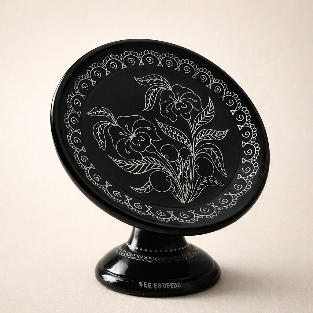 Pedestal Plate with Floral Engraving Handcrafted Black Pottery | Azamgarh Terracotta Art Decor
