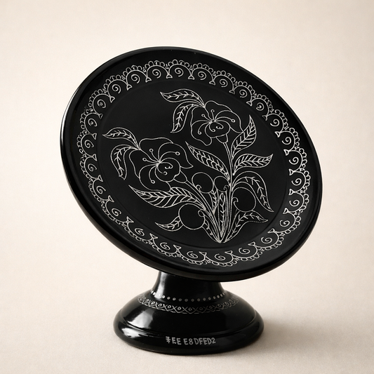 Pedestal Plate with Floral Engraving Handcrafted Black Pottery | Azamgarh Terracotta Art Decor