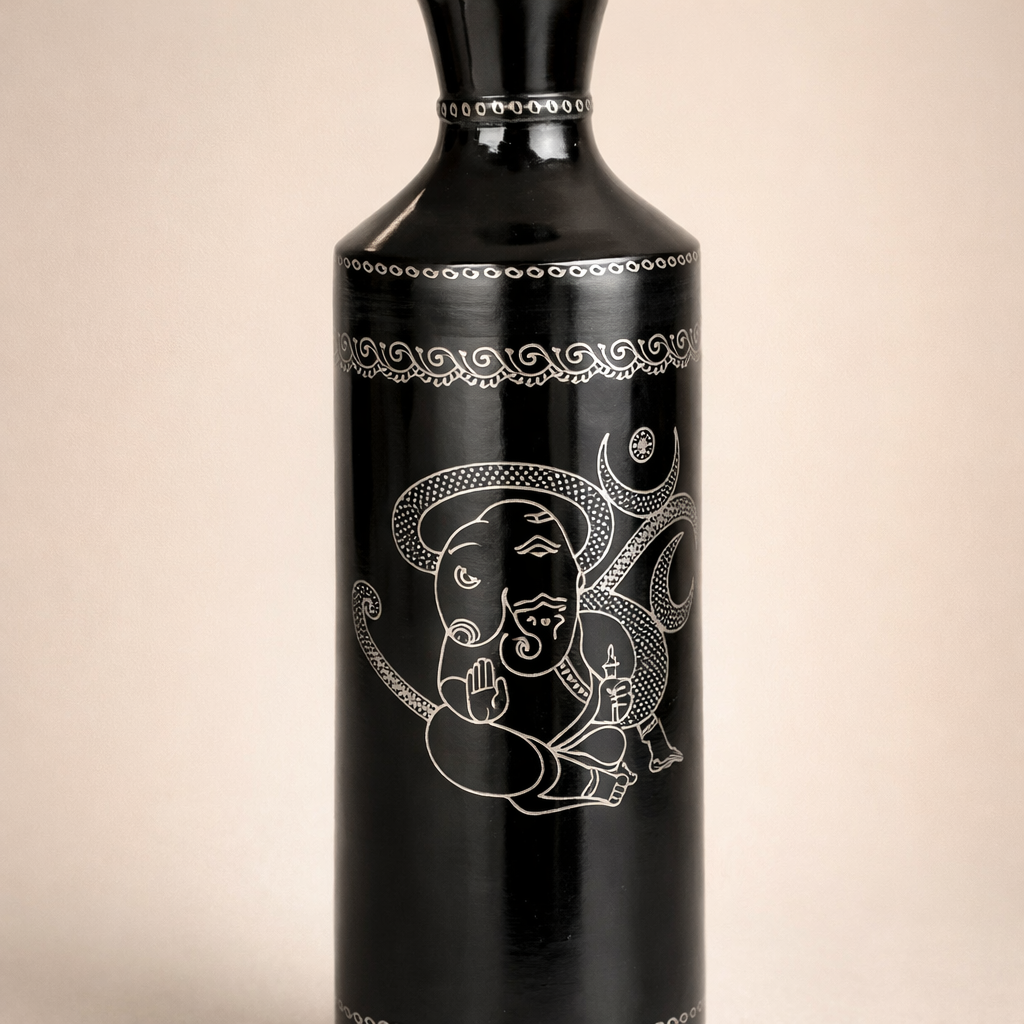 Ganesha Silver Inlay Vase – Handcrafted Black Pottery | Azamgarh Terracotta Art