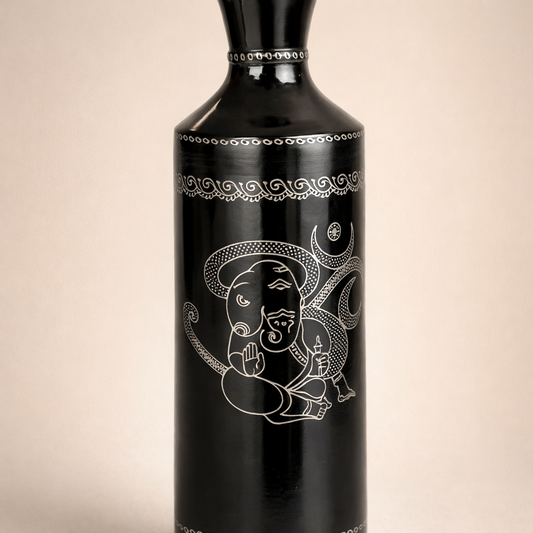 Ganesha Silver Inlay Vase – Handcrafted Black Pottery | Azamgarh Terracotta Art