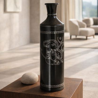 Ganesha Silver Inlay Vase – Handcrafted Black Pottery | Azamgarh Terracotta Art