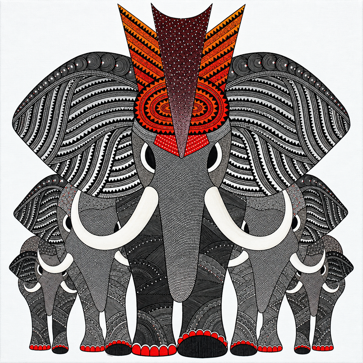 Elephant Family — Hand Painted Gond Art from Madhya Pradesh