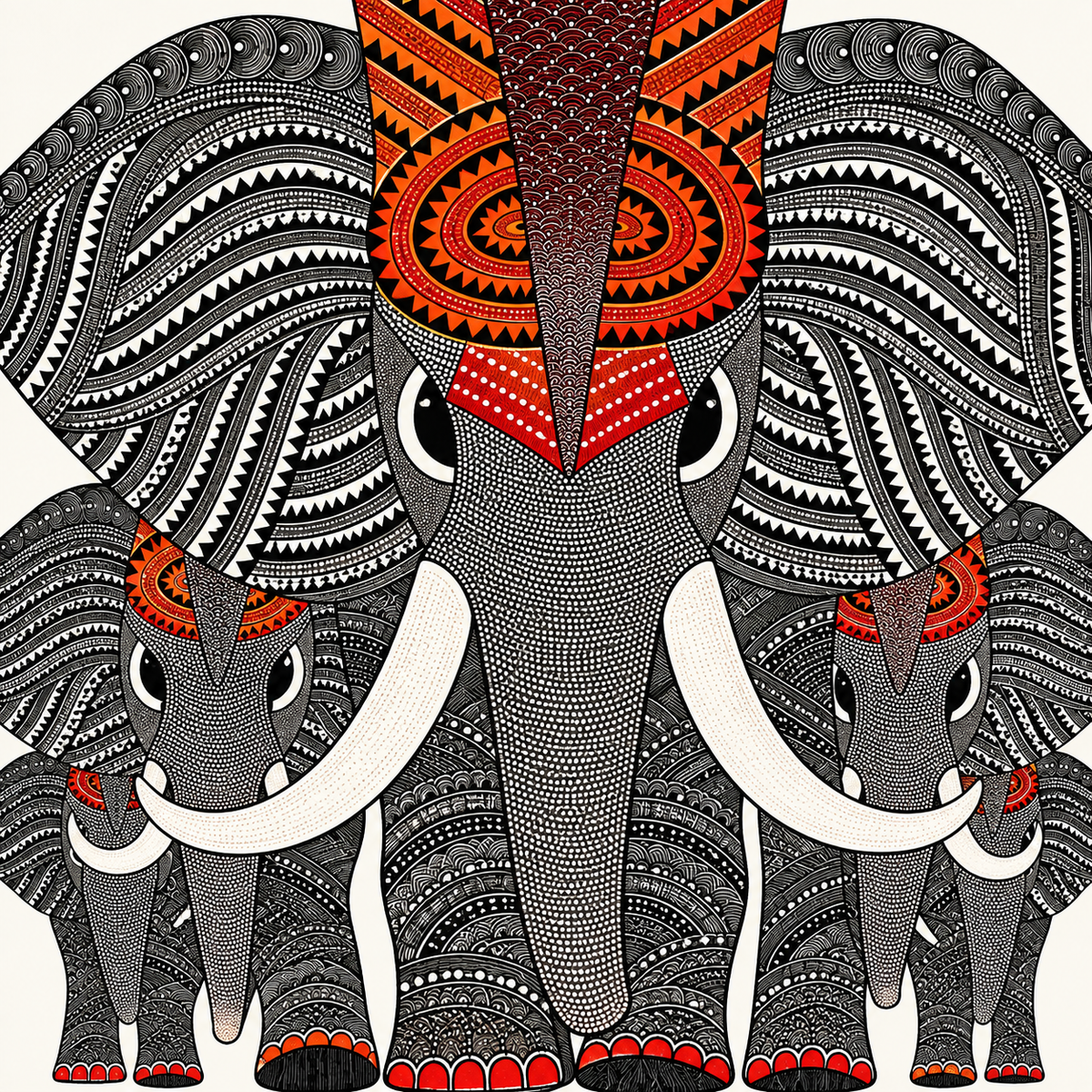 Elephant Family — Hand Painted Gond Art from Madhya Pradesh