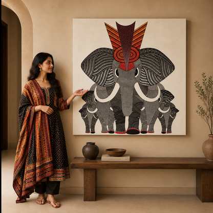 Elephant Family — Hand Painted Gond Art from Madhya Pradesh